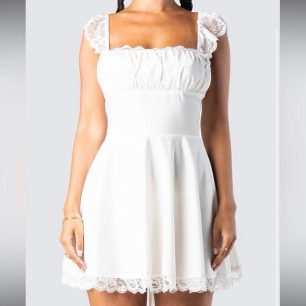 Finesse White Lace Trim Back Lace Up Mini Slip Dress Women’s Small